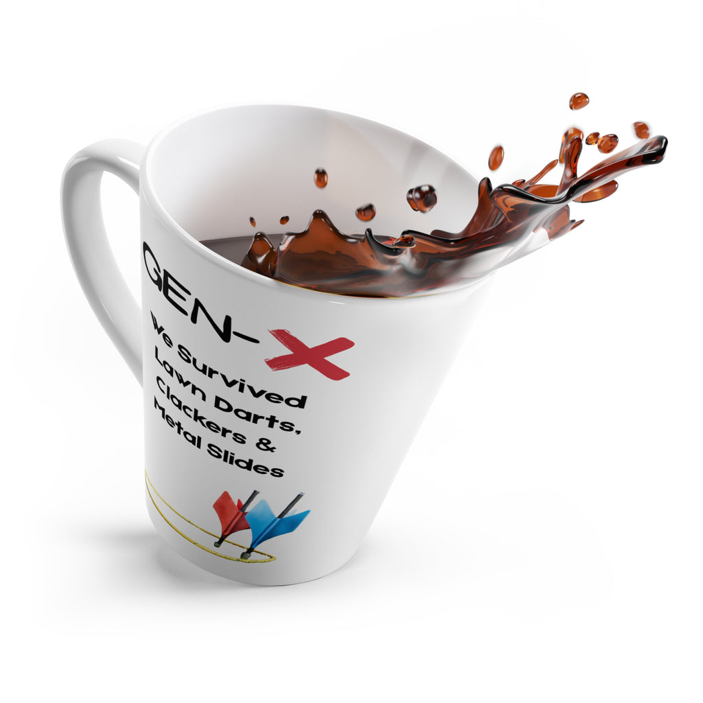 Latte Mug — "GEN X: We Survived Lawn Darts and Metal Slides" Retro Nostalgia Coffee Cup