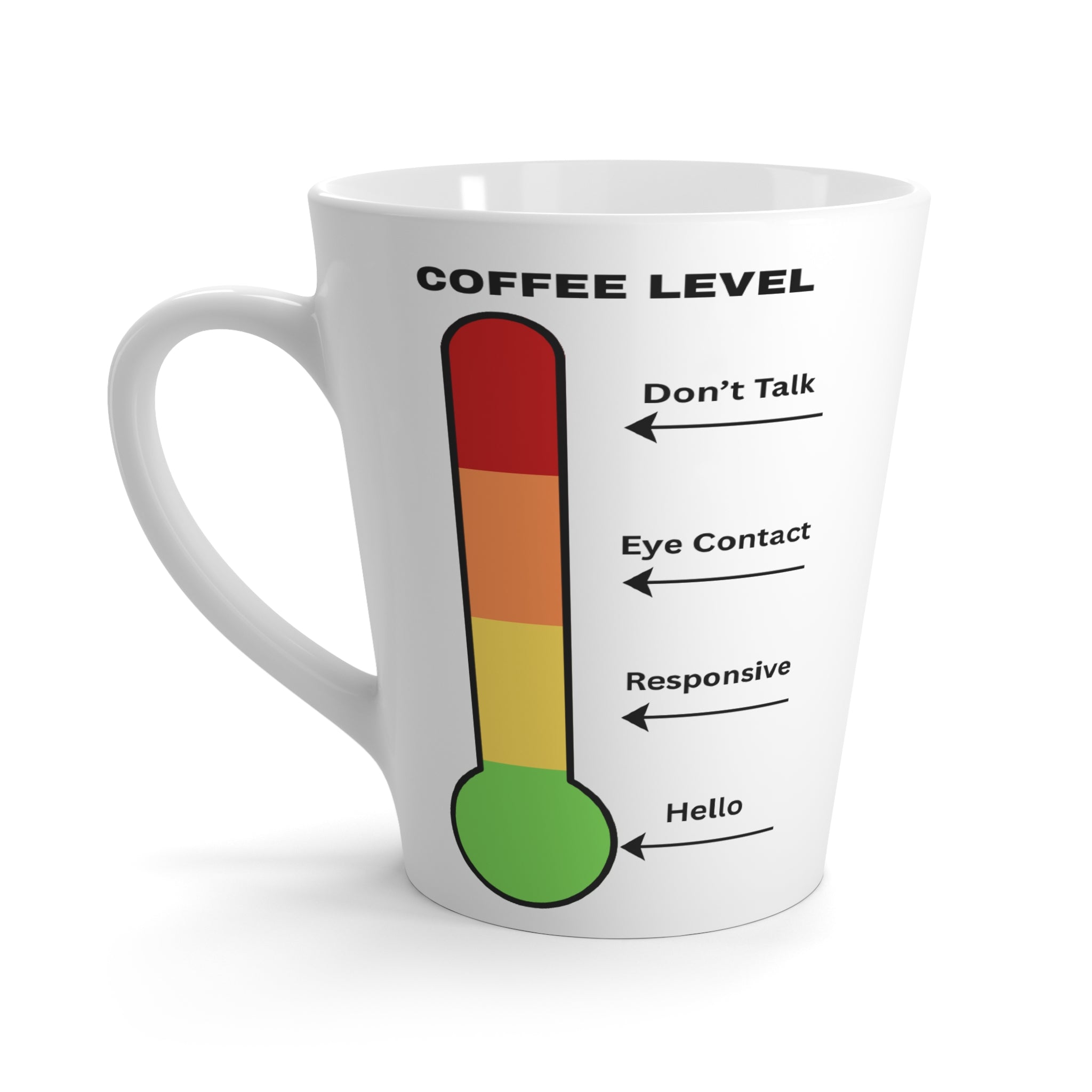 Coffee Level Latte Mug — Funny Coffee Thermometer Mug (Don’t Talk, Eye Contact, Responsive, Hello)