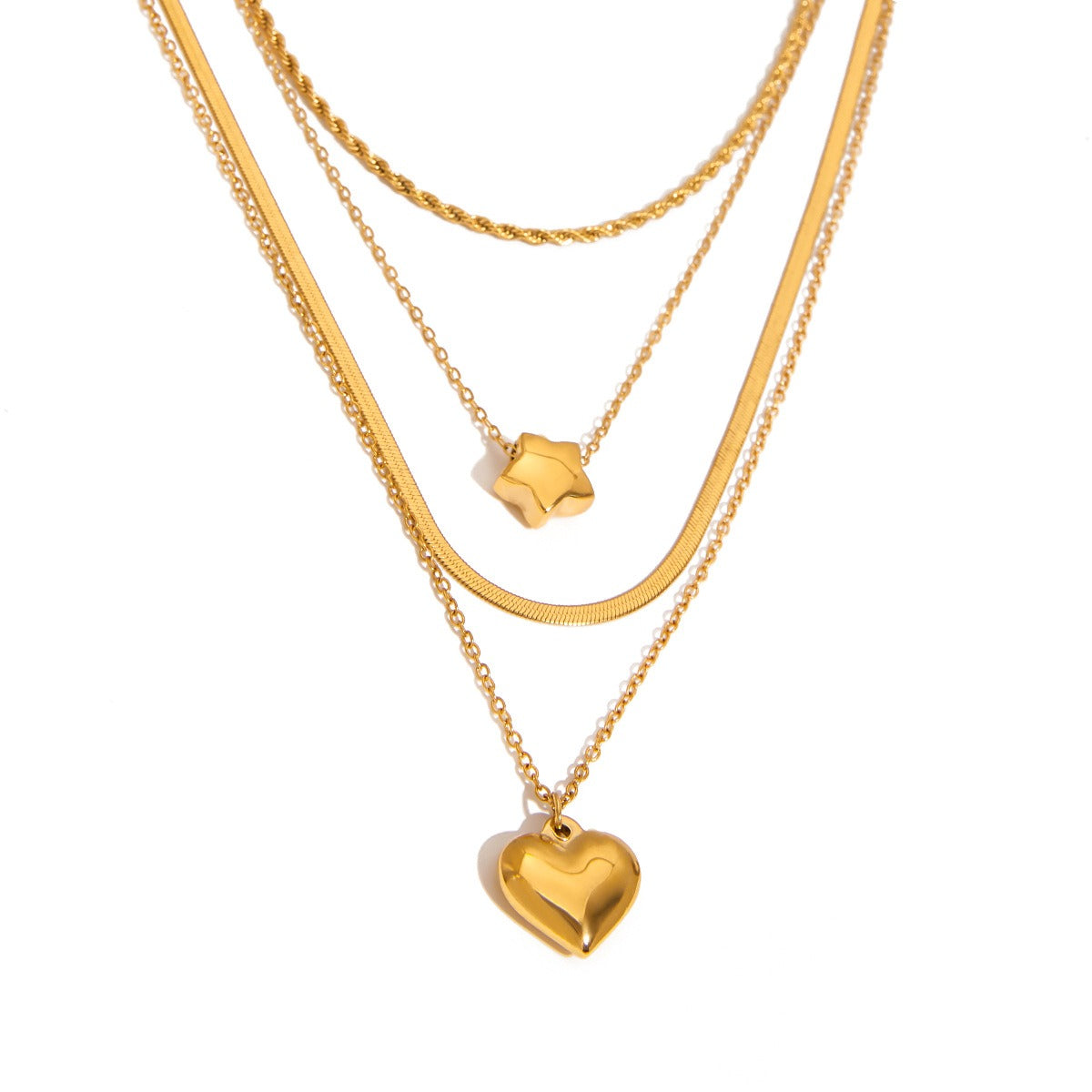 Double Chain Necklace — 18K Gold Overlay, Heart or Star Pendant