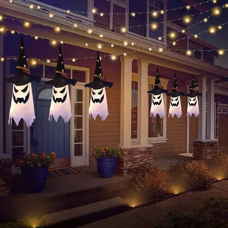 Glowing Ghosts in Witch Hats Halloween Decor