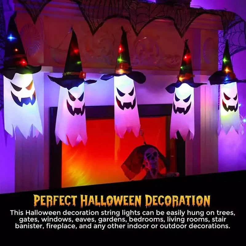 Glowing Ghosts in Witch Hats Halloween Decor