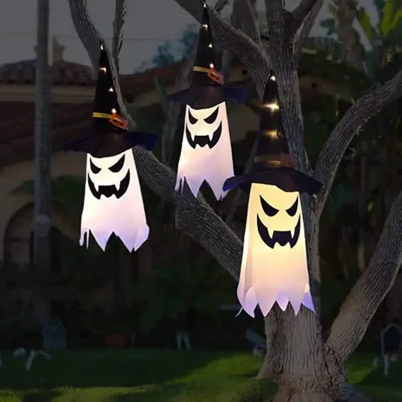Glowing Ghosts in Witch Hats Halloween Decor