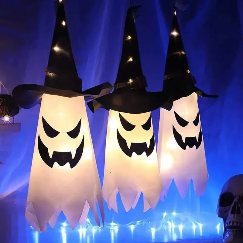Glowing Ghosts in Witch Hats Halloween Decor