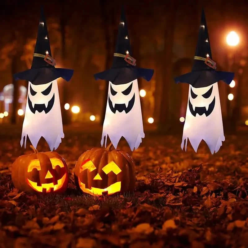 Glowing Ghosts in Witch Hats Halloween Decor