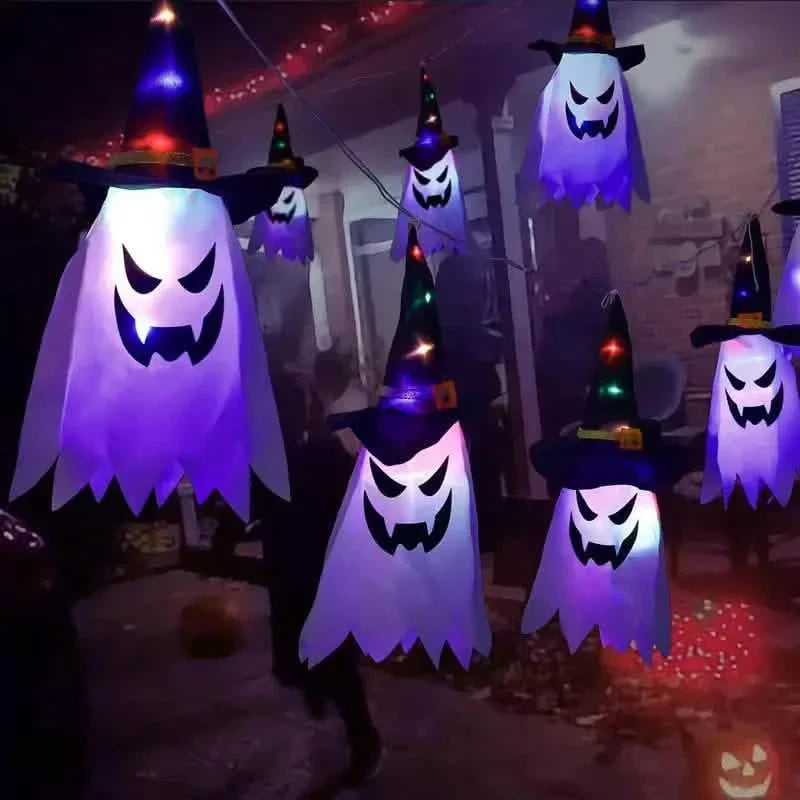 Glowing Ghosts in Witch Hats Halloween Decor