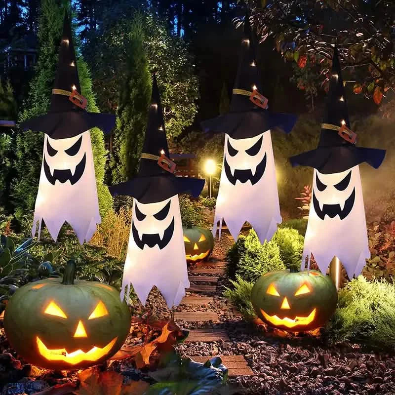 Glowing Ghosts in Witch Hats Halloween Decor