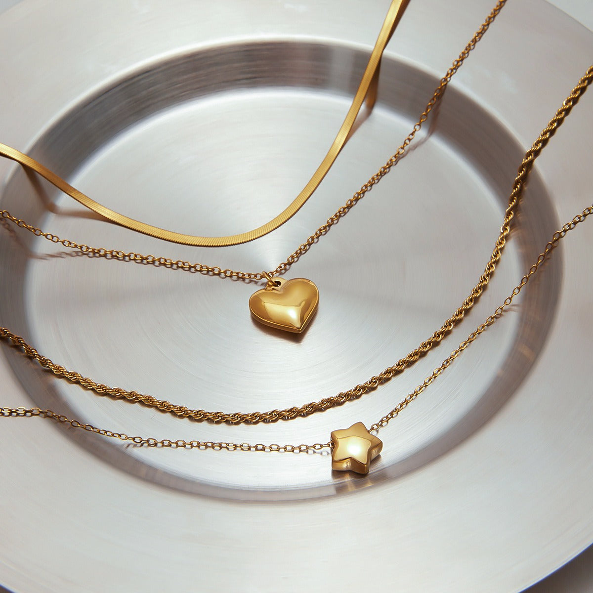 Double Chain Necklace — 18K Gold Overlay, Heart or Star Pendant