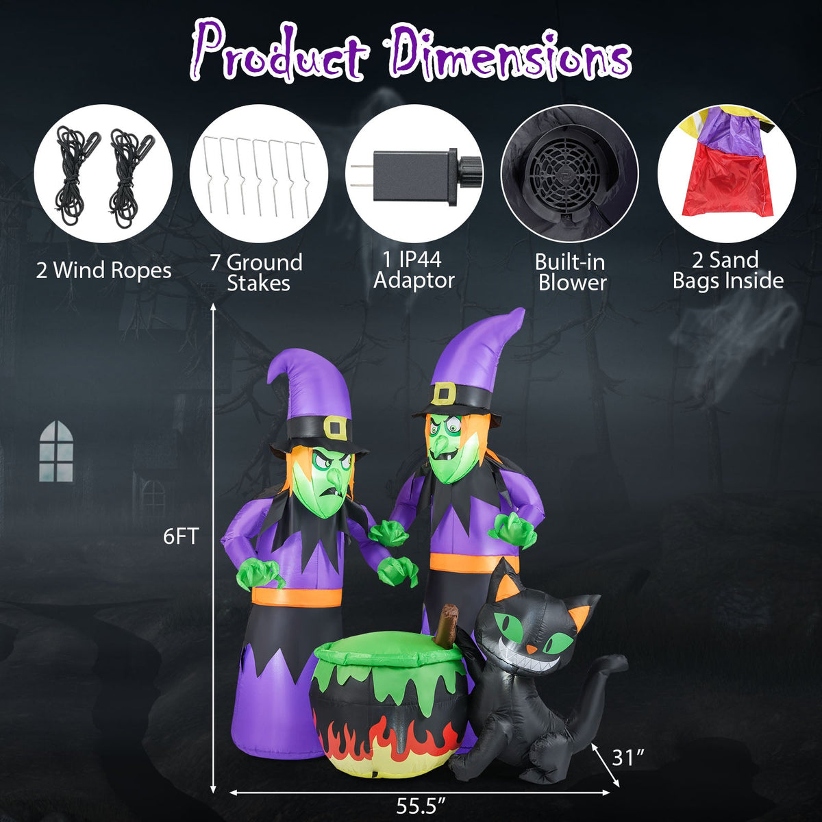 Light-Up Halloween Inflatable Witches, Cauldron & Cat