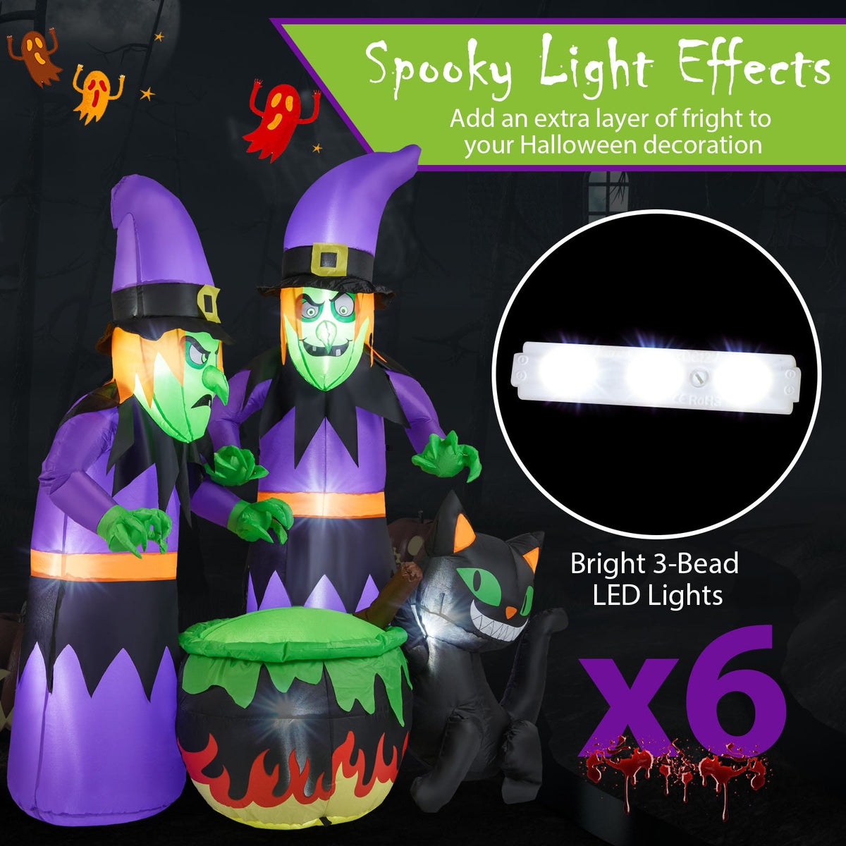 Light-Up Halloween Inflatable Witches, Cauldron & Cat