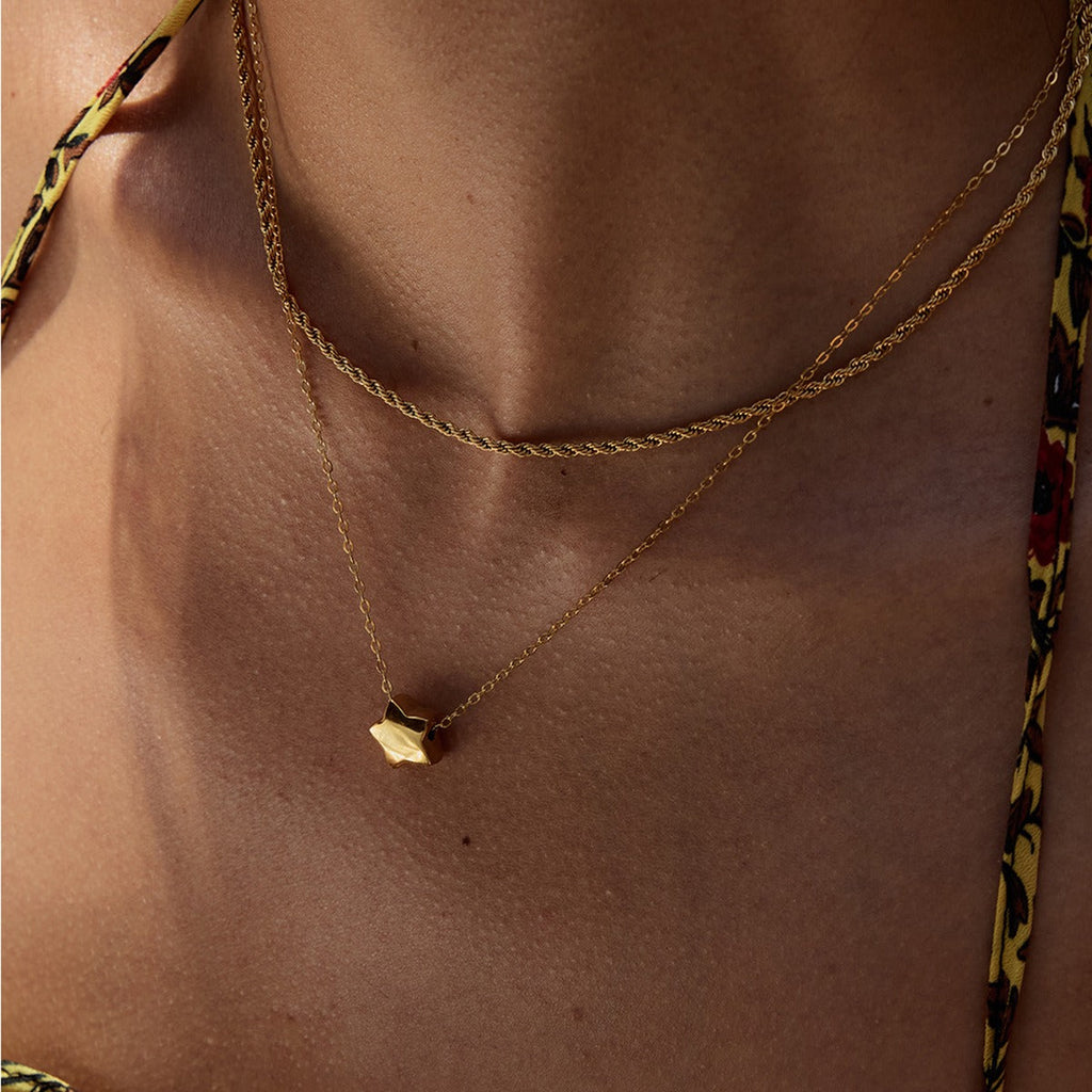 Double Chain Necklace — 18K Gold Overlay, Heart or Star Pendant