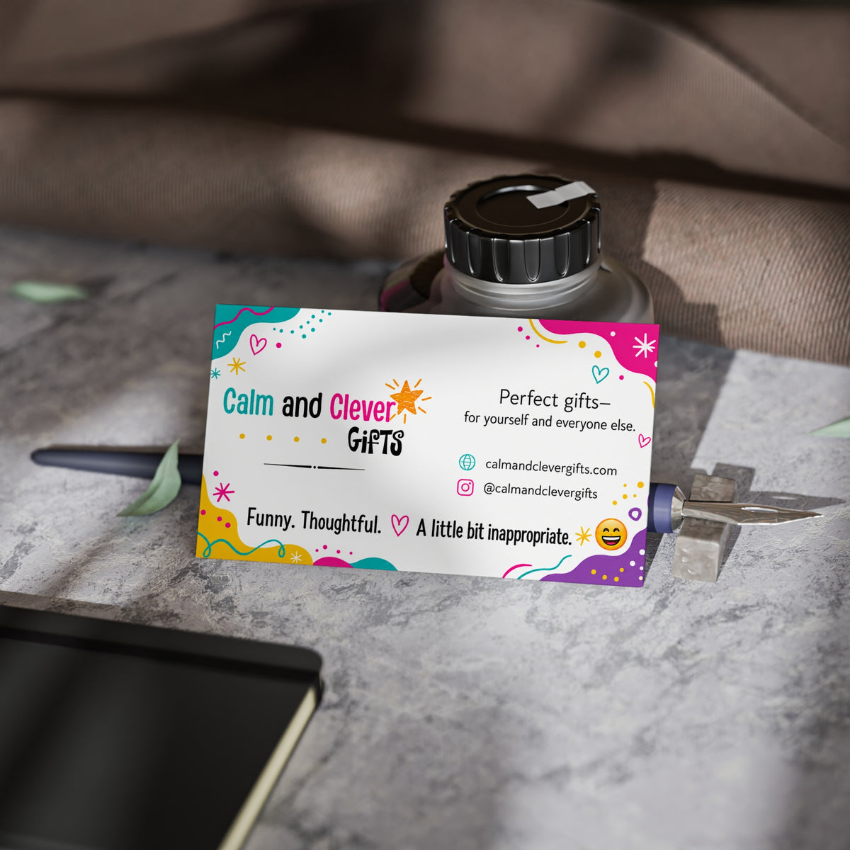 Colorful Branded Business Cards — Calm and Clever Gifts Design