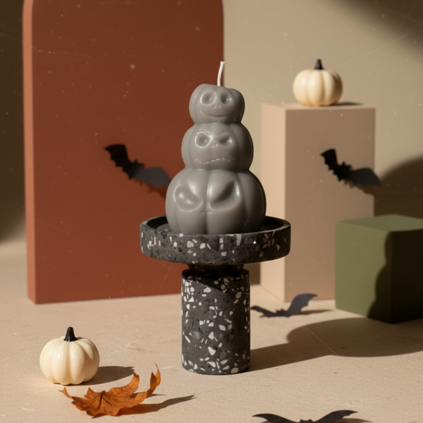Hand-Poured Pumpkin Soy Candle – Fall Sculpture in Orange, Ivory & Gray