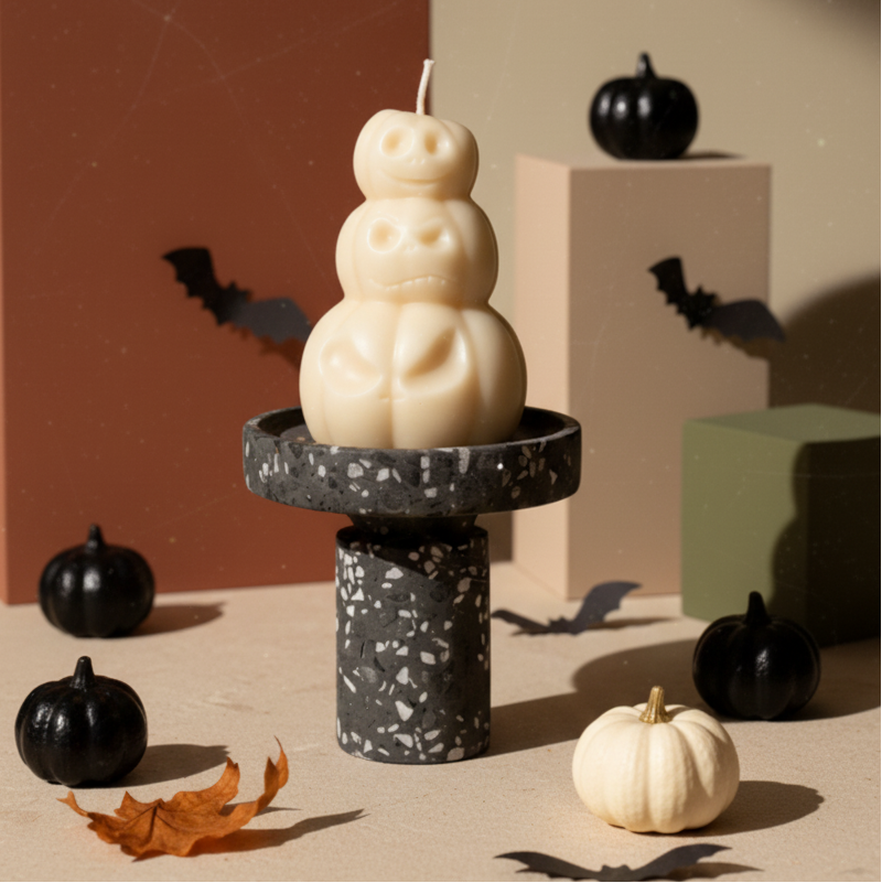 Hand-Poured Pumpkin Soy Candle – Fall Sculpture in Orange, Ivory & Gray