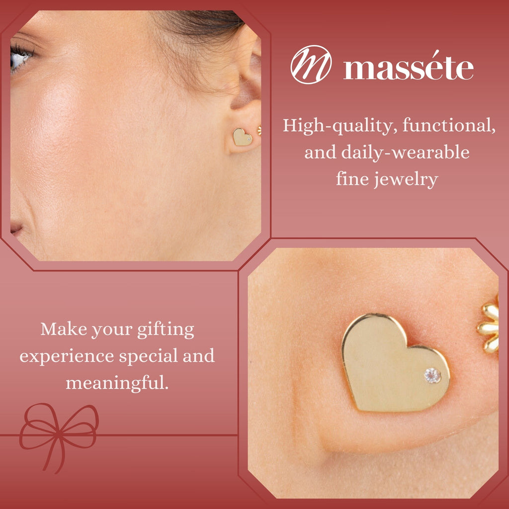 14k Yellow Gold Shiny Flat Heart Stud Earrings with Simulated Diamond, Covered Screwback Closure for Girls and Women
