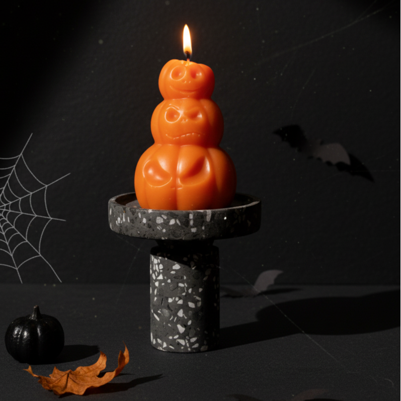 Hand-Poured Pumpkin Soy Candle – Fall Sculpture in Orange, Ivory & Gray