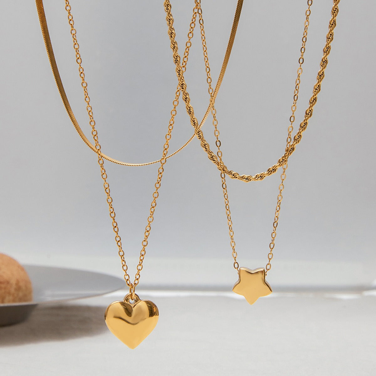 Double Chain Necklace — 18K Gold Overlay, Heart or Star Pendant