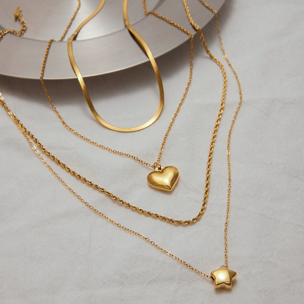 Double Chain Necklace — 18K Gold Overlay, Heart or Star Pendant