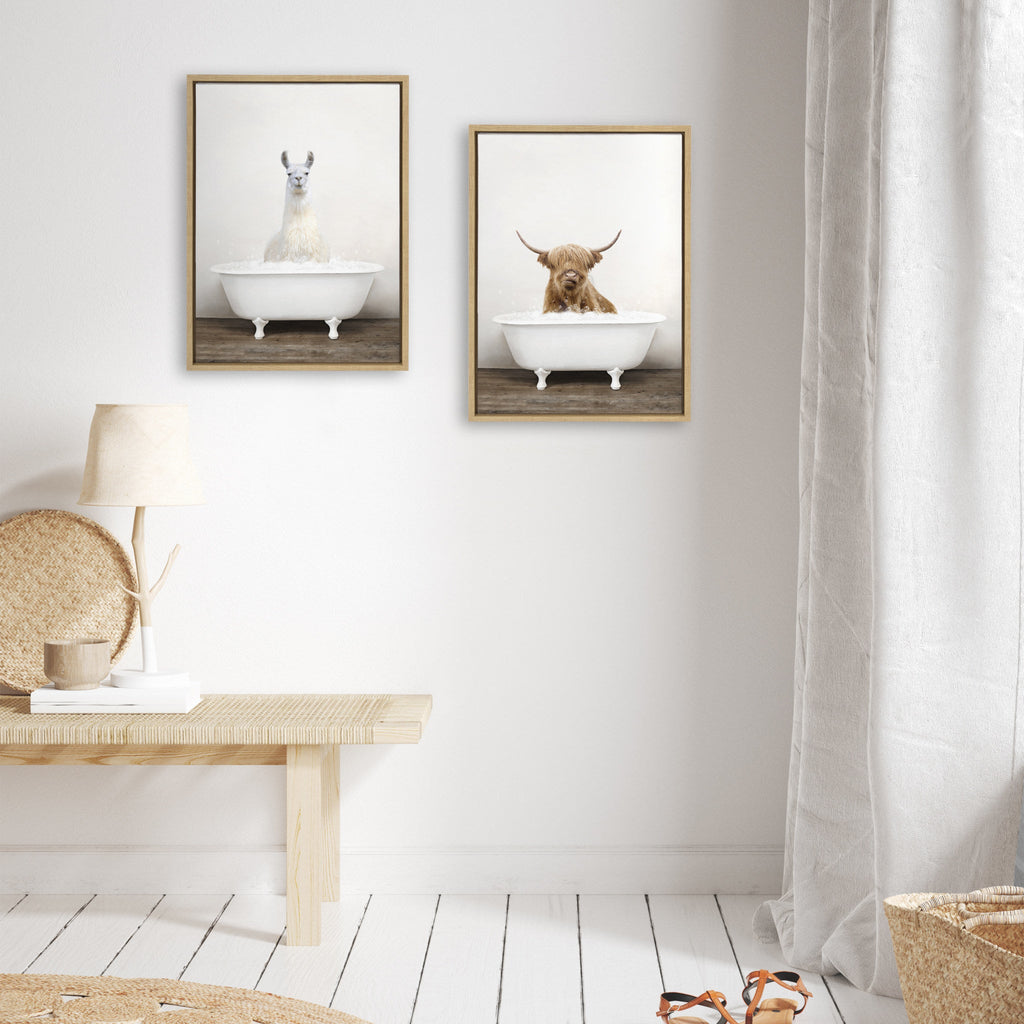 Sylvie Highland Cow & Llama Rustic Bubble Bath Framed Canvas Art Set by Amy Peterson