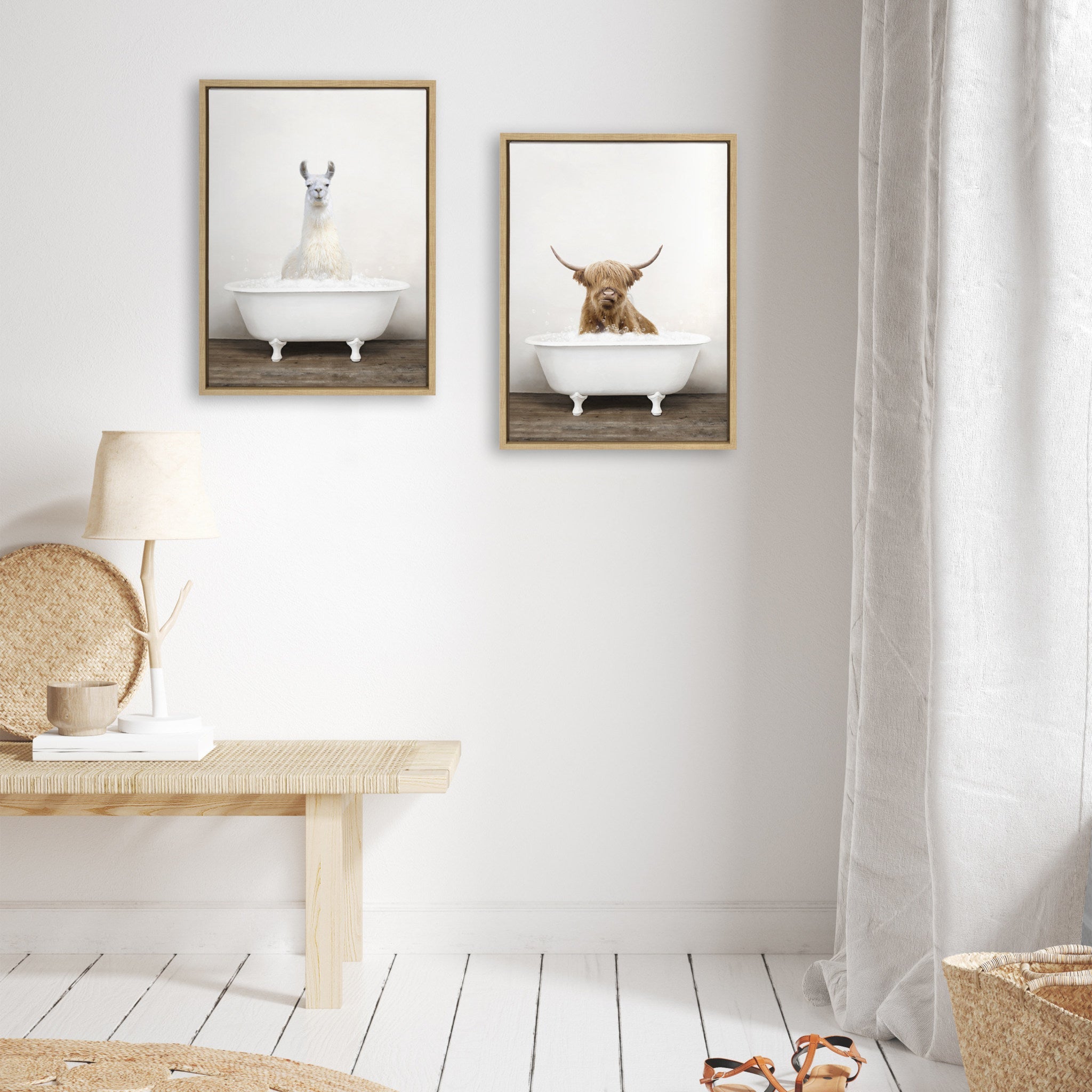 Sylvie Highland Cow & Llama Rustic Bubble Bath Framed Canvas Art Set by Amy Peterson