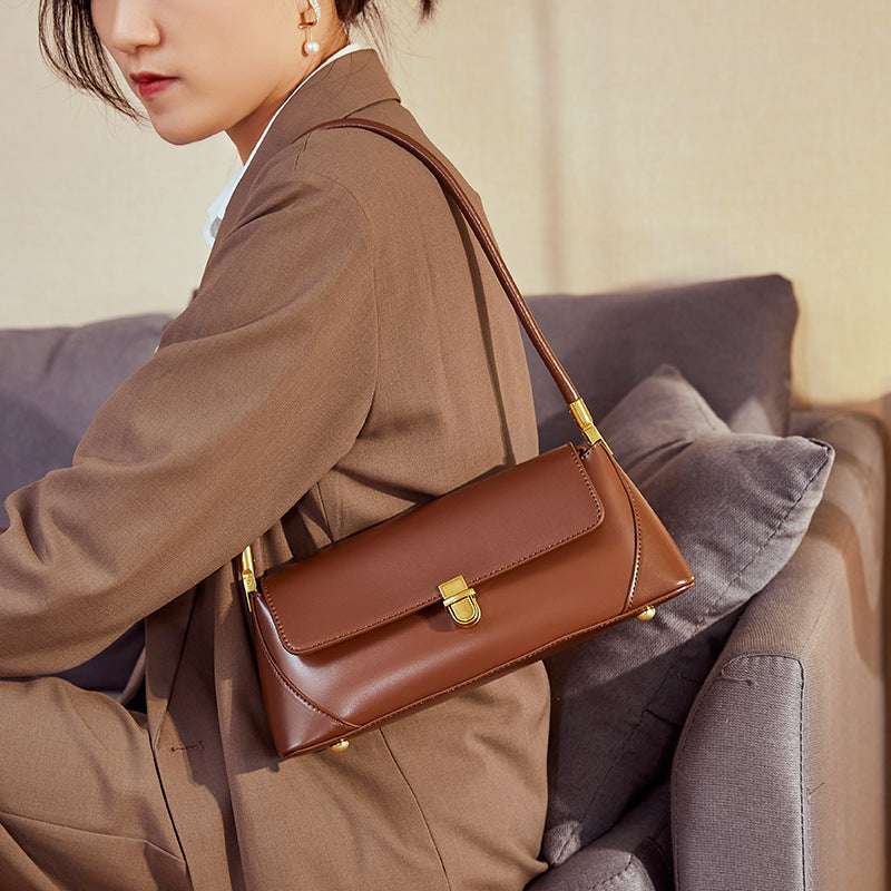 Small French women's genuine leather baguette bag