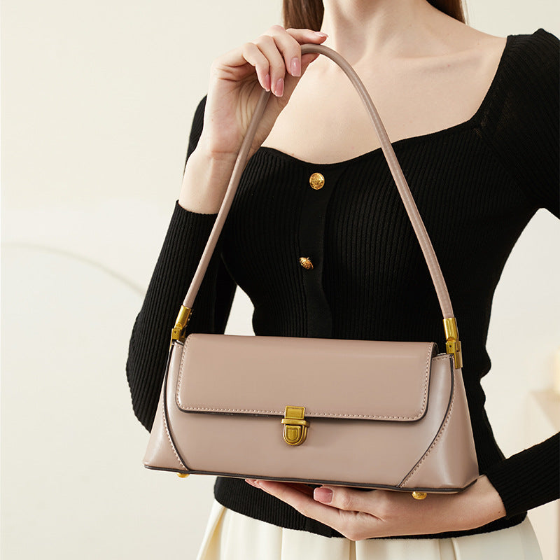 Small French women's genuine leather baguette bag