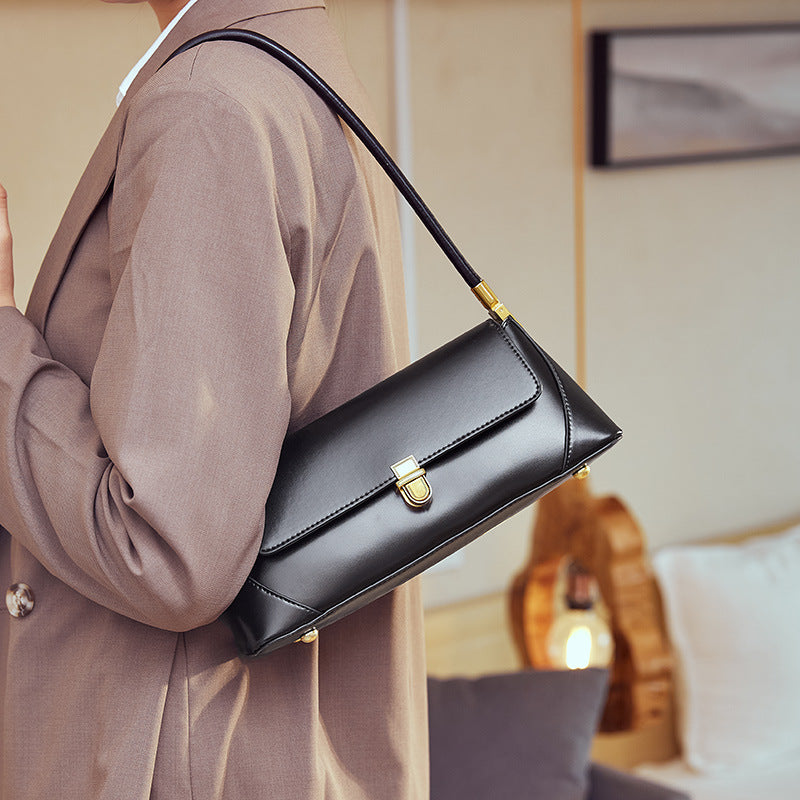 Small French women's genuine leather baguette bag