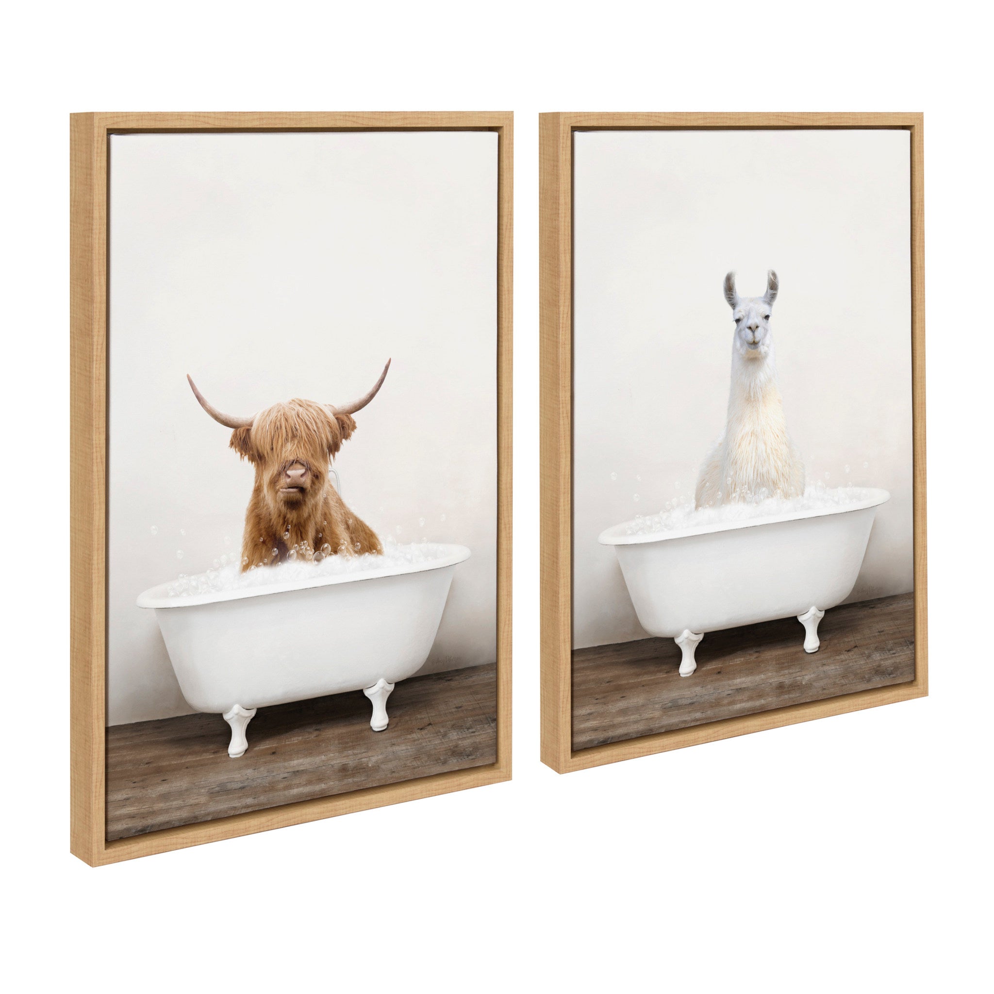 Sylvie Highland Cow & Llama Rustic Bubble Bath Framed Canvas Art Set by Amy Peterson